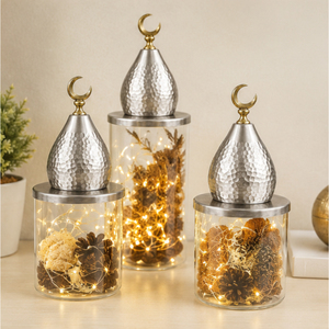 Tarros de Vidrio Hechos a Mano, Ecológicos y Personalizables para el Ramadán Eid Mubarak, con Tapa de Cúpula de Mezquita Plateada Martillada y Perilla de Luna Creciente Dorada - Product Image 4