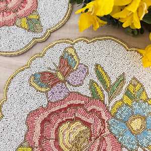 Luxury Handmade Beaded Floral <b>Placemat</b> with Rose and Butterfly Design Eco-Friendly Durable Fabric <b>Table</b> Mat 450mm Diameter - Product Image 5