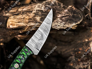 มีดแค้มปิ้งเหล็กดามัสกัสทรงดรอปพอยต์คมกริบ พร้อมปลอกหนังอเนกประสงค์ลายไม้แกะสลัก  OEM/ODM - Product Image 4