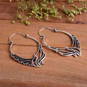 Pendientes Colgantes de Aro Tribales Bohemios Hippies de Plata de Ley 925 Hechos a Mano con Diseño de Hoja y Pluma Oxidada, Joyería de Regalo para Fiesta de Mujer - Product Image 3