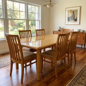 Solid Teak Wood <b>Dining</b> Table <b>Set</b> <b>6</b> Slat Back <b>Chairs</b> Rectangular Modern Minimalist Kitchen Furniture Cushioned Seating Suite - Product Image 2