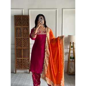 Vêtements indiens et pakistanais de la marque Kavya Fab Designer, magnifique ensemble haut, bas et dupatta rose pour les occasions spéciales, taille L - Product Image 2