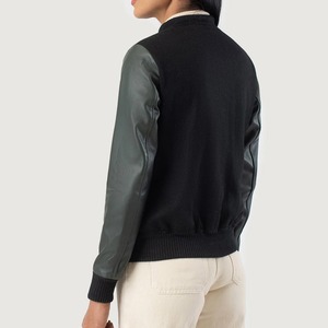 Black Breathable Embroidered Knitted Varsity <b>Jacket</b> PU <b>Leather</b> Sleeves Button Front Stand Collar Casual Regular Fit Autumn Wear - Product Image 3