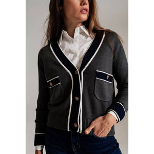 Cárdigan Gris para Mujer, Invernal, Casual, 100% Algodón, Tejido por Computadora, Sólido, con Bolsillos, Estilo Chanel, Transpirable y de Secado Rápido - Product Image 5