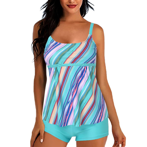 Women's Striped Tankini Set Square Neck Swimwear <b>Top</b> with Shorts Turquoise 2 Piece Swimsuit Stretch - Product Image 1