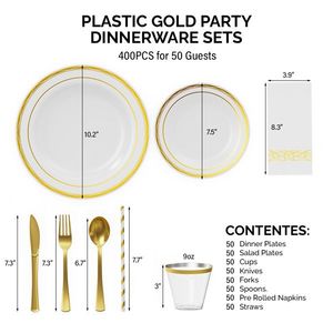 50 Sets of <b>Disposable</b> <b>Tableware</b> Gold Plastic Flat Circular Plates Cups Knives Forks Tissues Straws Included-Party Supplies Kit - Product Image 2