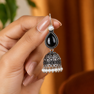 Black Onyx Pearl Oxidized Jhumka <b>Earrings</b> | Vintage Teardrop Bell <b>Earrings</b> for Women - Product Image 4