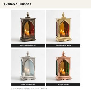 Antique Brass Tabletop Lantern 26 cm Handmade Glass & Brass Candle Holder with Double Flame <b>Mandir</b> Arch Home Decorative Item - Product Image 5