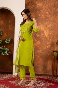 Women's Lime Green Embroidered Marina Silk Quick Dry <b>Kurta</b> Set Cream Dupatta Traditional <b>Indian</b> Pakistani Casual Ankle-Length - Product Image 6