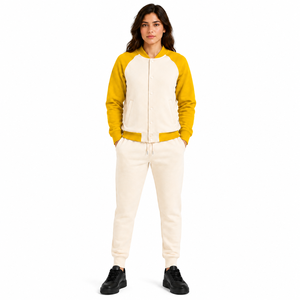 Unisex 2-Piece Fleece Sweatshirt <b>Set</b> for Yellow Striped Mandarin Collar Full Sleeve Button Front Loose Fit All Seasons - Product Image 1
