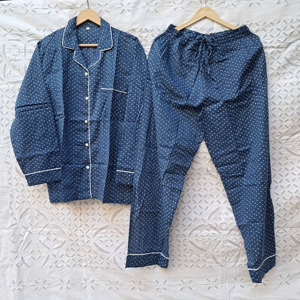 Premium Quality Stitched Cotton Long Pajama Set With Long Sleeve Shirt & Elastic Waist Bottom Comfy Sleepwear Women Clothing - Product Image 1