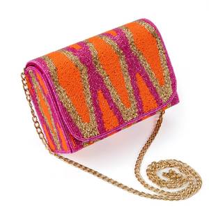 Handmade Beaded <b>Clutch</b> <b>Bag</b> <b>Orange</b> <b>Pink</b> Gold Chain Strap Fashion Rectangle Shape - Product Image 1