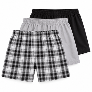 Custom <b>Men's</b> Woven Boxer <b>Shorts</b> Black White Plaid <b>Checkered</b> Grey Solid Color Elastic Waist Casual Underwear - Product Image 1