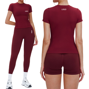 <b>Women</b> Solid 2 Piece Yoga Set <b>Short</b> Sleeve Crew Neck Top High Waist Ankle Length <b>Leggings</b> - Product Image 1
