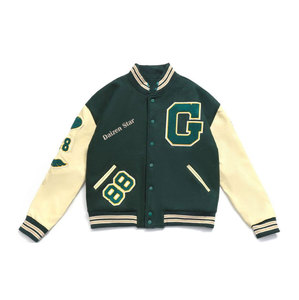 DAIZEN <b>STAR</b> Men's Varsity <b>Jacket</b> Green Cream Sleeve Patch Design Preppy Style Autumn Wear Polyester Cotton Material - Product Image 1