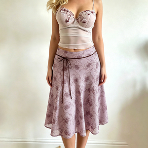 Women's Floral Print <b>Mesh</b> Midi <b>Skirt</b> with Adjustable Waist Tie Flowy A-Line <b>Skirt</b> for Summer Vocation Party Casual Wear - Product Image 1