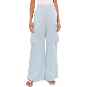 <b>Light</b> Blue Striped High Waist Cargo Pants Linen Cotton Wide Leg Loose Fit Full Length Summer Casual Women's <b>Trousers</b> - Product Image 1