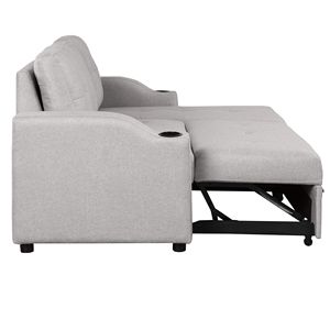 Divano Letto Moderno a 3 Posti Imbottito in Tessuto di Lino con Chaise Longue, Portabicchieri e Vano Contenitore - Product Image 6