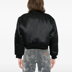 Black Satin Bomber <b>Jacket</b> With Stand Collar And Zipper Closure For Autumn Casual Wear - Product Image 6