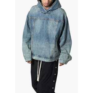 Sudadera con capucha de mezclilla oversize con hombros caídos, personalizada, de alta calidad, estilo vintage, streetwear, pesada, con cremallera, de algodón. - Product Image 4