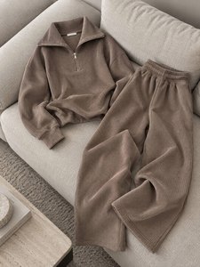 Ensemble de survêtement unisexe marron côtelé à col zippé, haut à manches longues et pantalon de jogging, style streetwear décontracté uni coupe ample pour l'automne - Product Image 3
