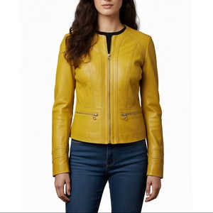 Veste courte imprimée sans col en cuir de mouton jaune moutarde sur mesure pour femme taille XS, élégante, raffinée et minimaliste, fabriquée à la main - Product Image 1