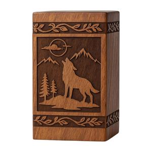 Urna Funeraria de Madera de Palisandro con Grabado de Lobo, Hecha a Mano, para Cenizas Humanas, Tamaño Mediano 9x5.5 Pulgadas - Product Image 1