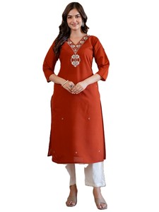 Women Roman <b>Silk</b> <b>Kurta</b> Embroidery V-Neck Ankle Length Traditional Indian Pakistani Casual Wear Slim Fit Quick Dry All Seasons - Product Image 3