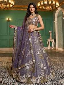 Purple Embroidered <b>Lehenga</b> Choli With Dupatta Floral Thread Work Heavy Organza Silk Wedding Outfit - Product Image 1