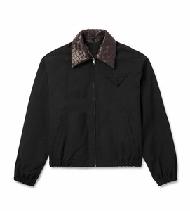Blouson unisexe en toile mélangée coton pour femmes et hommes, style aviateur vintage, avec col en cuir intrecciato amovible, en PU - Product Image 1