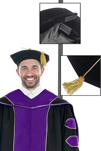 Robe de doctorat de luxe pour la remise des diplômes, ensemble de toque et écusson de doctorat à 8 pans avec passepoil doré, tenue de doctorat - Product Image 2