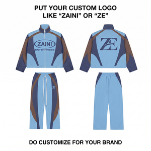 Ensemble coupe-vent en polyester premium 120 GSM, design à panneaux bleu ciel et marron, logo personnalisé, veste et pantalon - Product Image 1