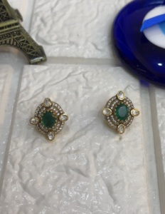 Vintage Gold Plated <b>Stud</b> <b>Earrings</b> With Green <b>Crystal</b> And Rhinestone Bezel Setting Geometric Design Women's Everyday Wear jewelry - Product Image 3
