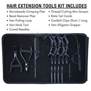 Hair Extension <b>Tools</b> Kit Microbeads Crimping Plier <b>Hook</b> <b>Tool</b> Pulling Loop Bead Remover Curved Needles Duckbill Clips & Gripper - Product Image 2