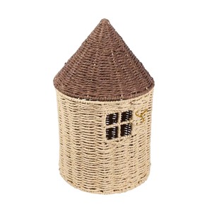 Cute House Shaped Seagrass Storage <b>Basket</b> <b>with</b> Brown Roof <b>Lid</b> Handwoven Wicker Toy Organizer Bin for Kids Room Nursery - Product Image 2