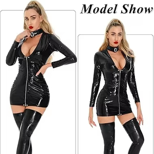 Combinaison en cuir latex sexy pour femme, avec mini-jupe, ensemble en cuir PU noir, coupe ajustée, tenue de club, tenue de soirée, OEM - Product Image 1