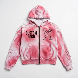Sudadera con capucha unisex rosa tie-dye con cremallera, con púas y pedrería en las mangas, estilo crop, chaqueta de felpa de estilo urbano, con logo personalizado, oversize, a la moda. - Product Image 2