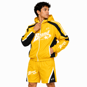 Veste coupe-vent jaune deux pièces personnalisée à faible MOQ, broderie patchwork, fermeture éclair, nylon, polyester, streetwear unisexe, shorts, sweats à capuche - Product Image 6