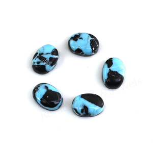 Cabochon de pierre précieuse en vrac, forme ovale 10x14mm, dos plat, poli brillant, lisse, motif camouflage noir Arizona et turquoise bleue, pour la fabrication de bijoux et pendentifs - Product Image 1