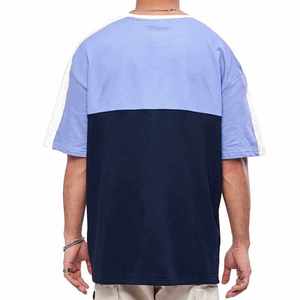 Camiseta de Hombre Oversize con Bloques de Color Tie-Dye, Transpirable, 100% Algodón, Tejido Personalizado, Bicolor Azul Marino, Cuello Redondo Casual, Manga Corta - Product Image 2