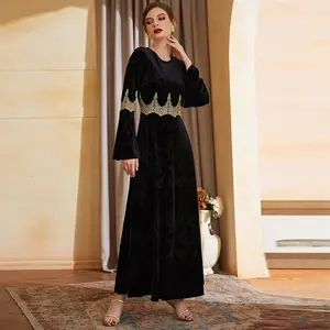 迪拜新款abaya o领小号长袖刺绣装饰纯色abaya连衣裙女冬季abaya科威特