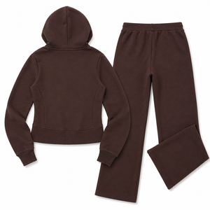 Conjunto Deportivo Coordinado para Mujer en Color Marrón Chocolate, Sudadera con Cierre y Pantalones Deportivos Acampanados, Proveedor de Ropa Deportiva Personalizada OEM - Product Image 4