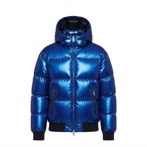 Custom Men's Premium Metallic Shiny Hooded Puffer Jacket Blue Glossy Warm <b>Quilted</b> Winter Coat Thick Insulated Outdoor Parka - Product Image 1