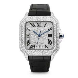 Reloj Mecánico de Lujo con Diamantes Cuadrados, Caja de Acero Inoxidable, Correa de Cuero, Cristal de Zafiro, Visualización de Fecha Analógica, Unisex, 20 mm - Product Image 5