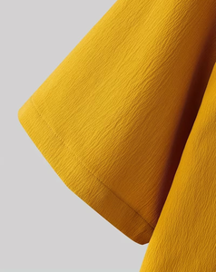 Men's Solid Color Short Sleeve Shirt Shorts Set Breathable Woven Casual Summer Wear Yellow Drawstring Pants Outfit - Product Image 4