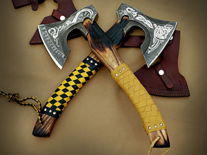 Hand Forged High Carbon Steel Builder's Hatchet Custom OEM Wood Leather Wrap <b>Handle</b> Bearded Head <b>Axe</b> with Leather Sheath - Product Image 5