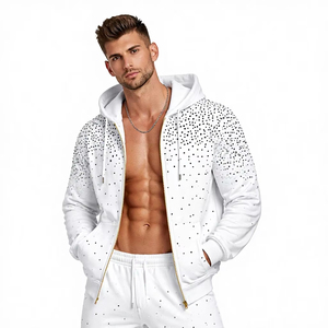Ensemble de survêtement pour homme en coton 100% avec strass blancs, à capuche et cordon de serrage, écologique, manches longues, décontracté, respirant, pour l'hiver, coupe classique - Product Image 1
