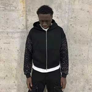 Sweat à capuche surdimensionné pour homme, de qualité supérieure, au design tendance, avec fermeture éclair et strass, en mélange polyester/coton, style vintage, en polaire pour le printemps - Product Image 2