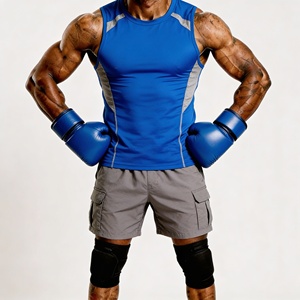 Ensemble de boxe : Débardeur bleu, short gris avec gants – Tenue d'entraînement durable toutes saisons - Product Image 1