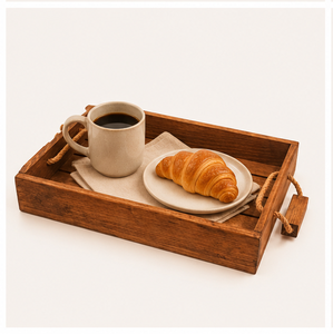 Plateau de service rectangulaire en bois rustique de qualité supérieure avec poignées en corde décoratives, grand plateau artisanal en bois pour table basse et ottoman - Product Image 2